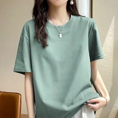 ヨーロッパ純綿 Tシャツレディース夏新疆長繊維綿半袖レディース Tシャツルーズカップルシャツ右肩ルーズラウンドネックホワイト Tシャツ