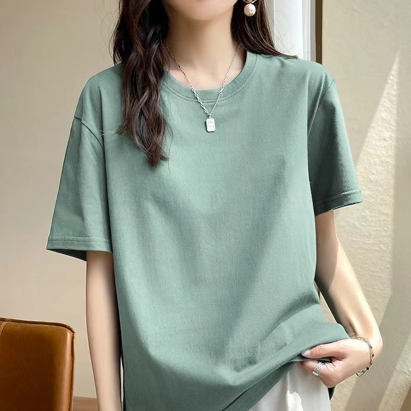 ヨーロッパ純綿 Tシャツレディース夏新疆長繊維綿半袖レディース Tシャツルーズカップルシャツ右肩ルーズラウンドネックホワイト Tシャツ|undefined