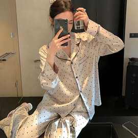 韩版花边简约春秋季新款长袖长裤开衫睡衣女生甜美宽松家居服ins