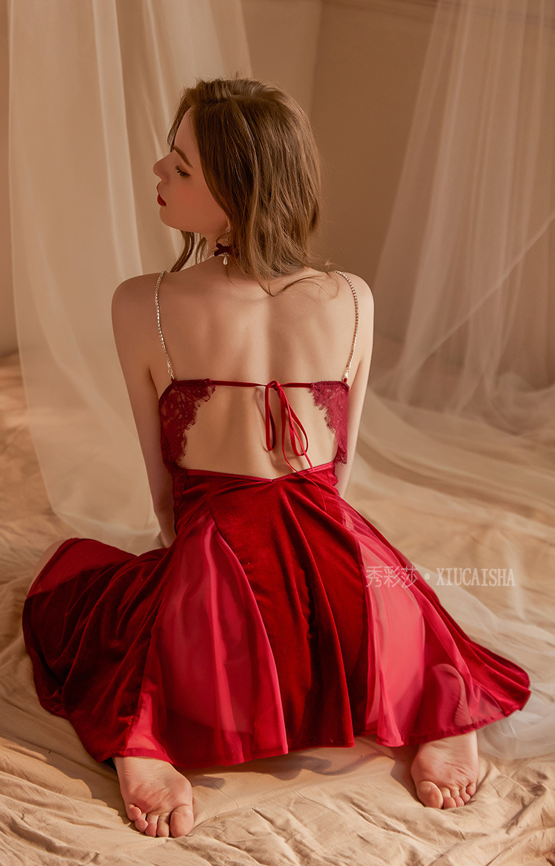 Red Velvet-Feel Sling Nightgown with Rhinestone Detail, One Size, Roleplay Lingerie — detail image 14