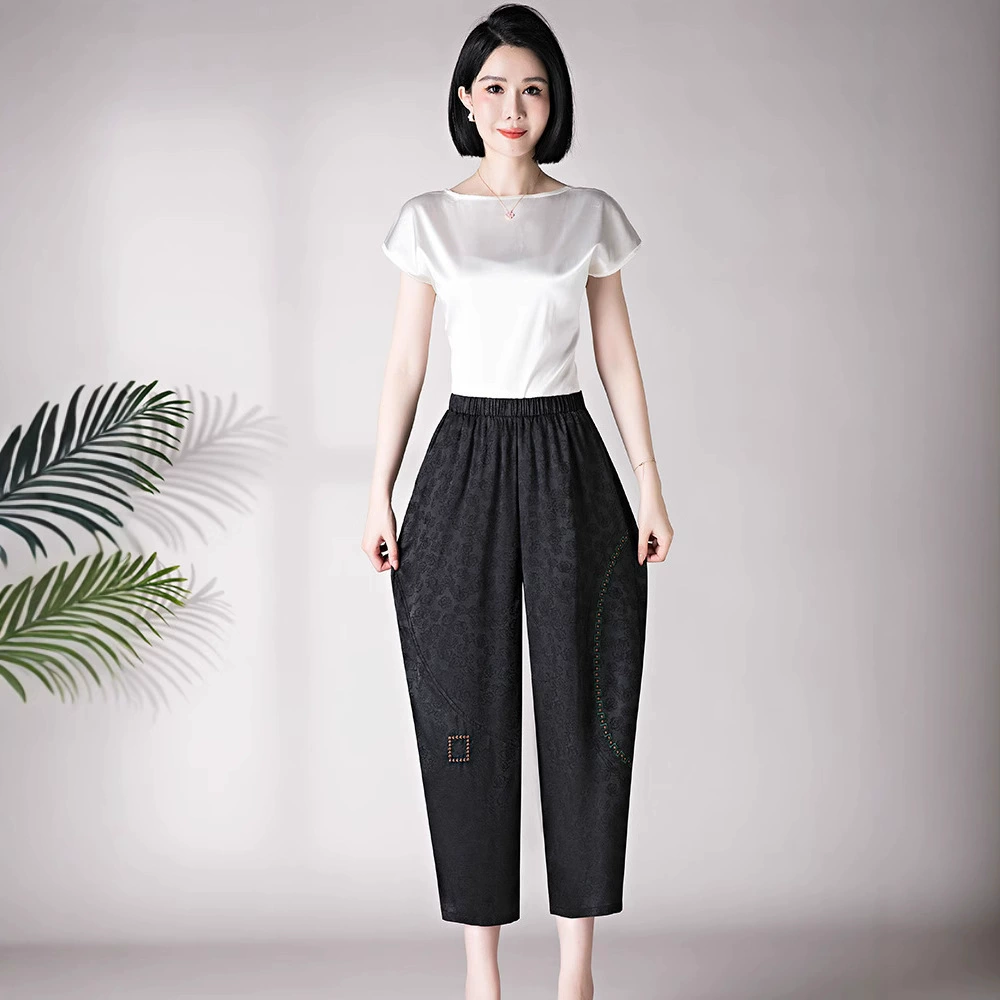 Мама летом девять очков тонкие повседневные брюки среднего возраста женские шаровары эластические брюки с искусственными шелками дышащие карманные брюки