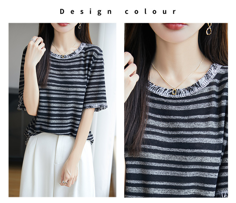 Áo thun nữ tay ngắn kẻ sọc cổ tròn, chất liệu dệt kim lụa băng mát mẻ, form rộng thoải mái — Cộc tay cổ tròn chi tiết 3