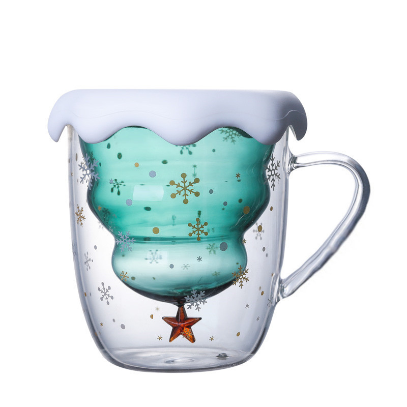 Copa de Navidad de vidrio Taza Linda Taza de regalo de Año Nuevo creativo Taza taza de bebida doméstica de doble capa con tapa