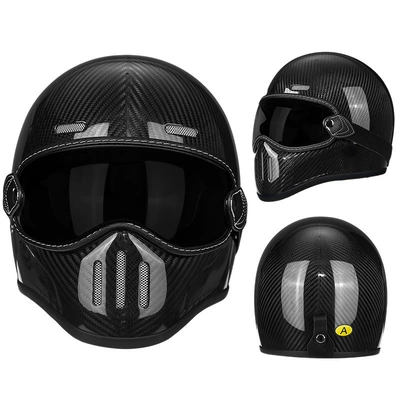 Motorcycle Safety Supplies, Carbon Fiber Retro Helmet Motorcycle - carbon-fiber-3k-bright-black-brown-lenses-m56-57-head-circumference