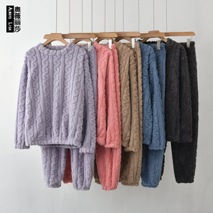 Autumn and Winter fleece-lined Thickened Long-sleeved Trousers Jacquard Home Clothes Casual Loose plus size Warm Pajamas Two-piece Suit
