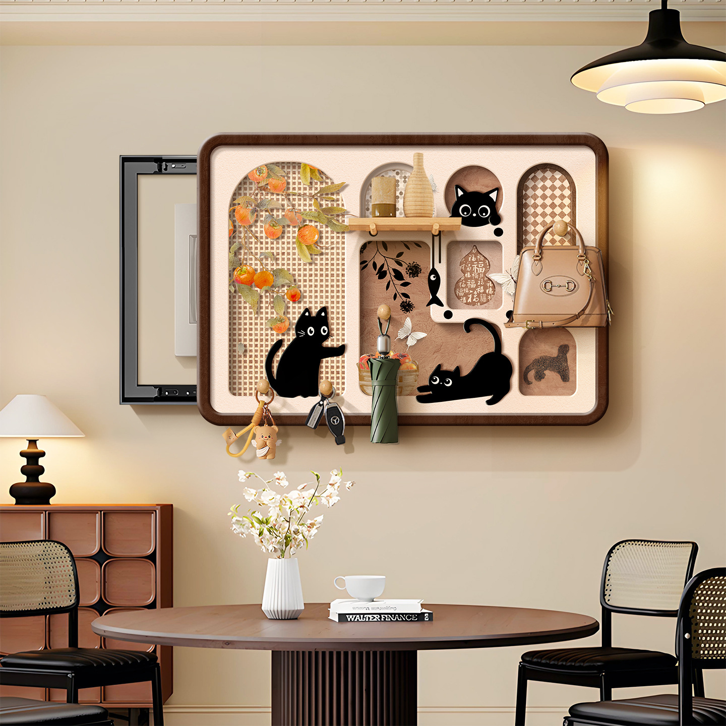 Vintage-Style Electric Meter Box Decorative Painting with Retro Cat Design, No-Drill Perforated Board for Concealing Distribution Box and Switch Box