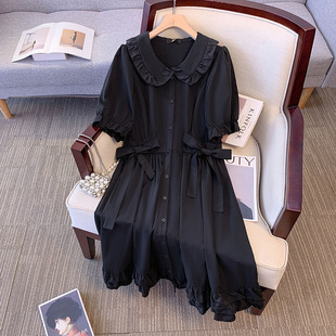 Deformation plus size Women's chubby girl French Retro Simple Short-sleeved dress Doll Collar 2024 Summer New