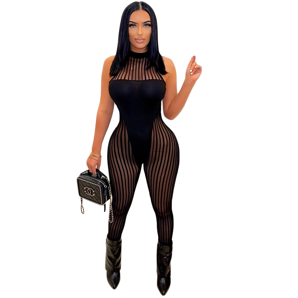 Sexy Bold Stripes Mesh See-through Sleeveless round Neck Jumpsuit for Women