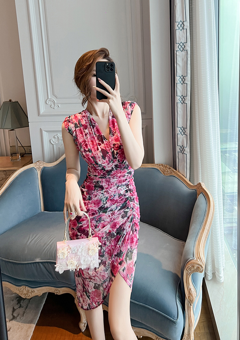 Đầm liền thân không tay in họa tiết hoa retro Pháp, kiểu dáng bất đối xứng ôm hông — Màu hoa chi tiết 6