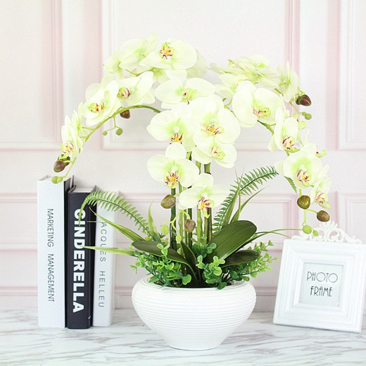 Orquídea artificial Phalaenopsis en maceta de cerámica grande, decoración de interior, flores de seda realistas