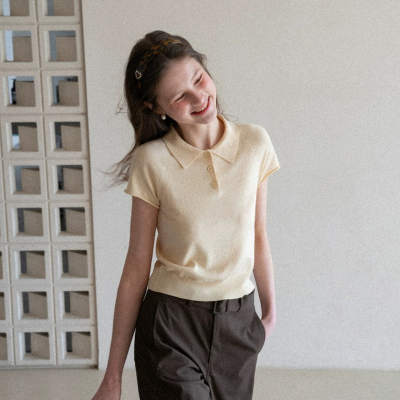 High-Intelligence Style Polo Collar Short-Sleeve Knit Top, Summer Thin Casual Slim-Fit Versatile Raglan Sleeve Shirt