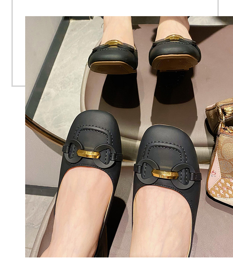 Zapatos de tacón alto de una pieza de cuero genuino para mujer, boca poco profunda, punta cuadrada, tacón grueso, zapatos individuales retro franceses, charol, metal, otoño_voghion.com