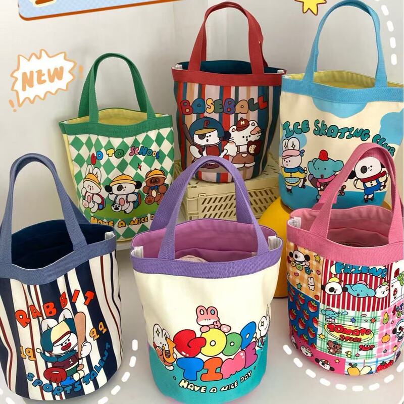 Cute Graffiti Canvas Bucket Bag Children's Fun Illustration Portable Mommy Storage Bag Student Handbag Work Lunch Bag