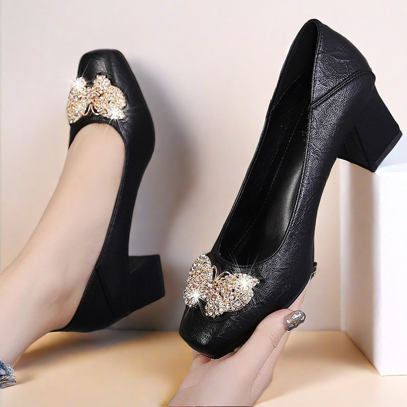 프랑스 스타일 스퀘어 발가락 신발 여성의 2025 년 봄과 가을 새로운 하이힐 여성 두꺼운 힐 얕은 입 가죽 신발 긴 작업 신발