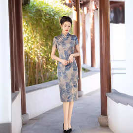 2024年中长款旗袍春夏季新款女复古双层短袖妈妈装日常烫金连衣裙