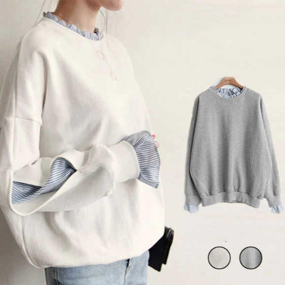 Хорошее качество 2023 Весна Новый свободный свитер с длинным рукавом больших размеров, женский топ с круглым вырезом и тонкой полоской