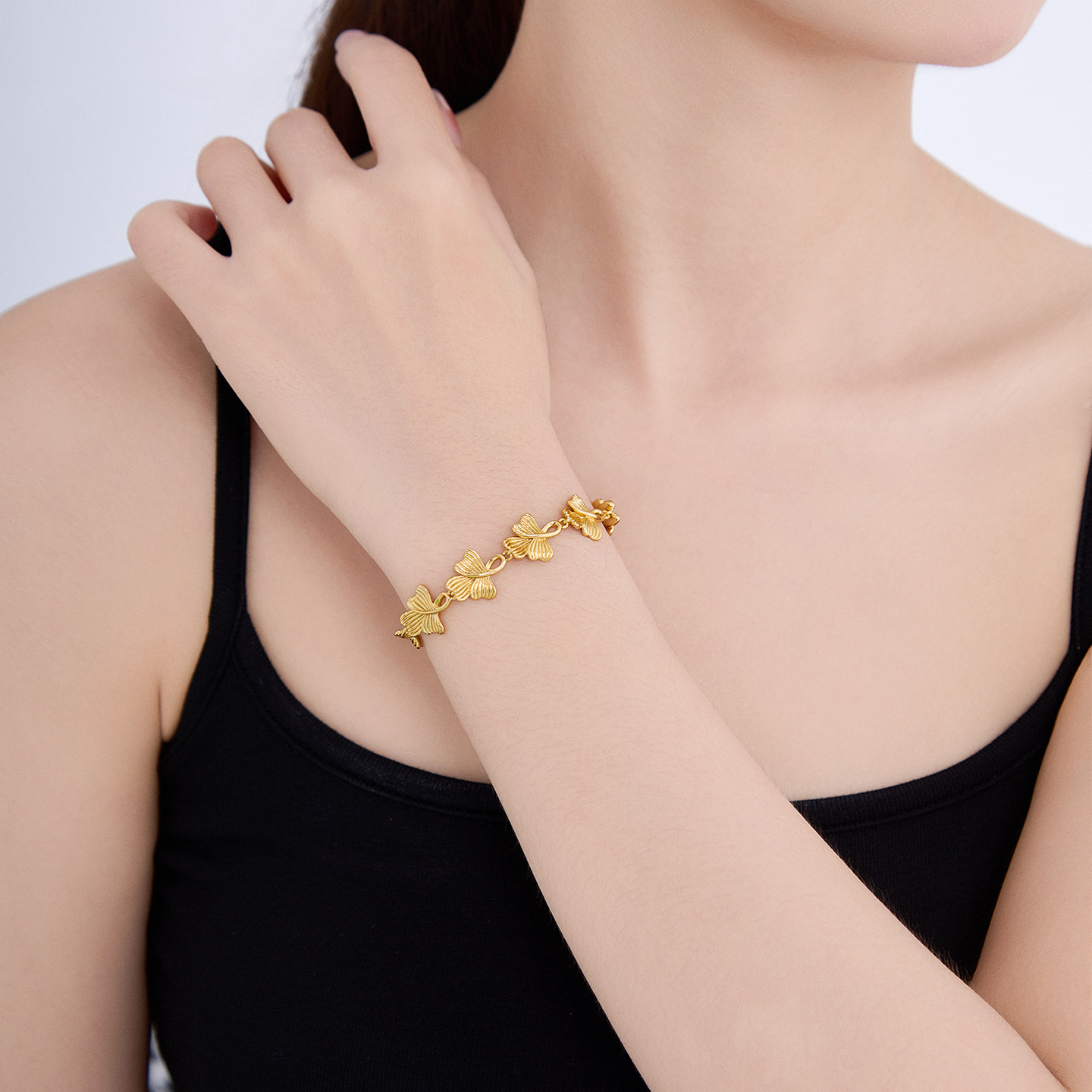 Pulsera de Hoja de Ginkgo 24K de Acero Inoxidable para Mujer
