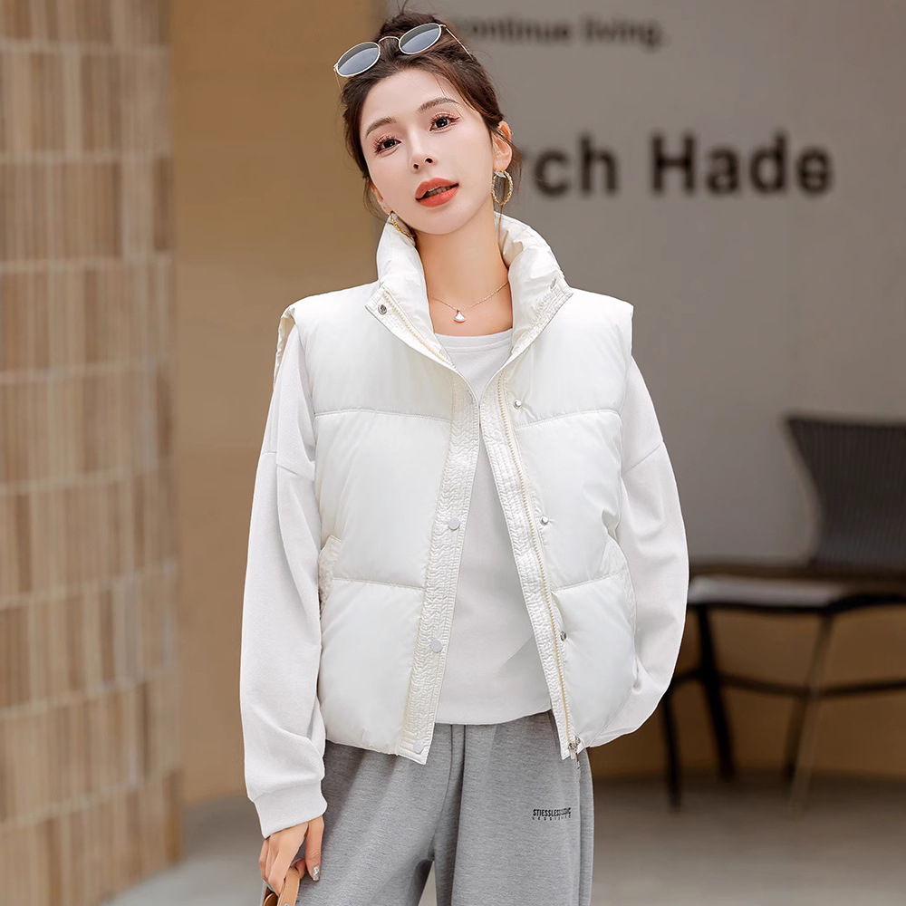 Chaleco de algodón de pluma para mujeres 2024 otoño y invierno nuevo estilo coreano de algodón suelto hombro collar de collar de algodón de color sólido chaleco