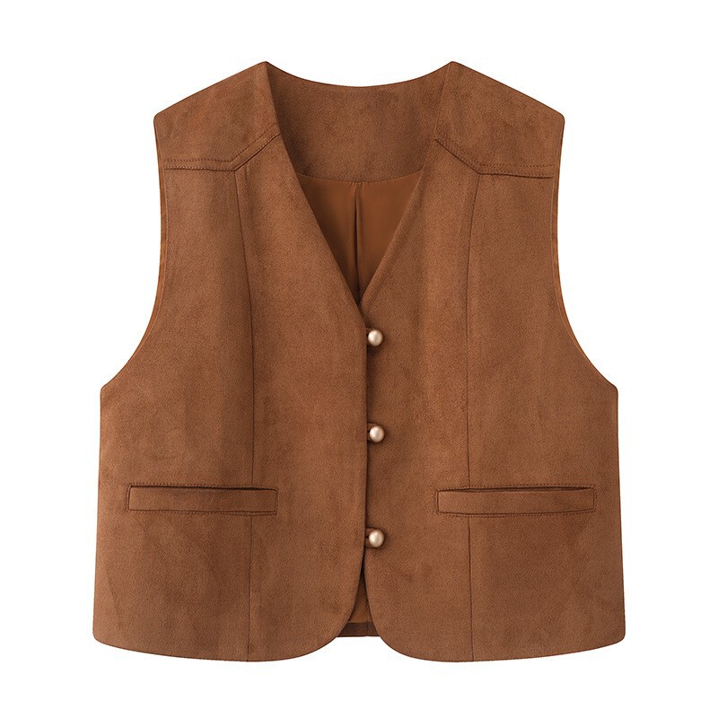In-Stock 2025 Real Shot Spring New Suede Retro Vest Women's V-Neck Versatile Hong Kong Style Vest Jacket Top Trendy