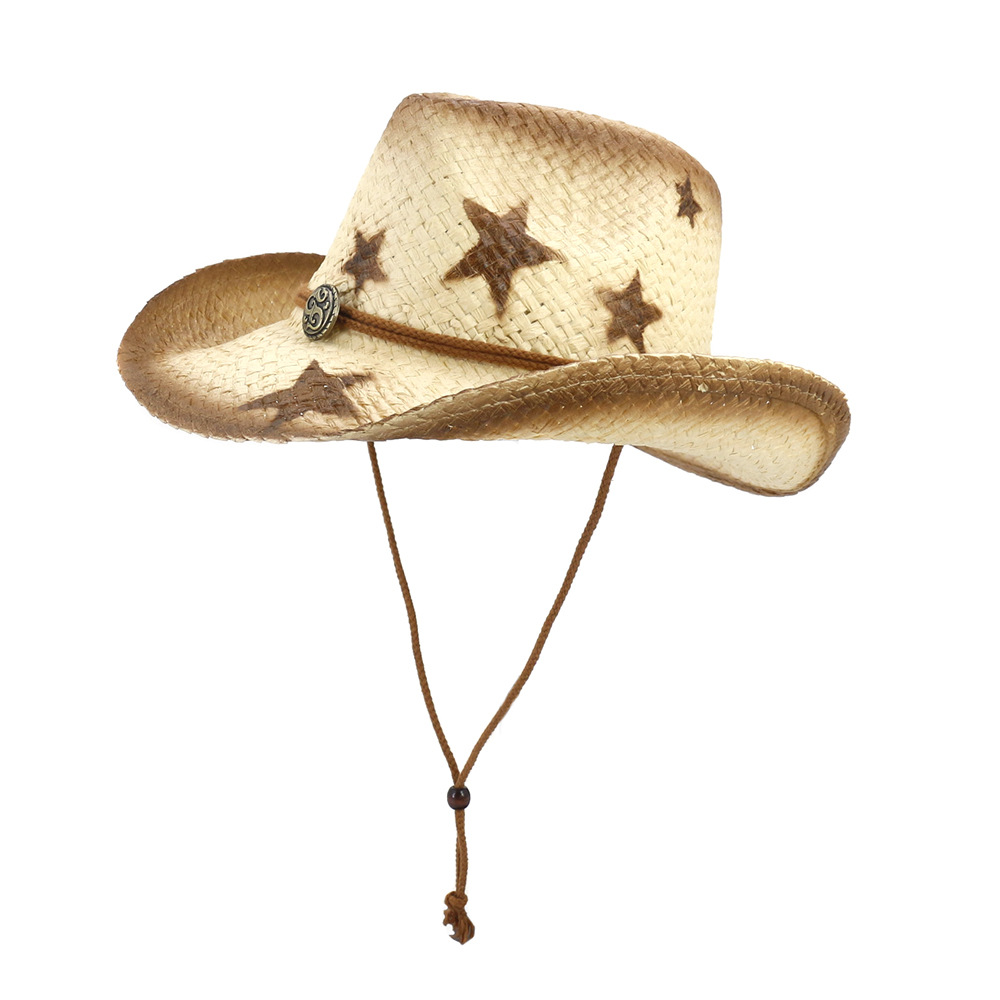 新款男女士喷漆五角星牛仔民族风草帽亚马逊户外海边沙滩帽遮阳帽