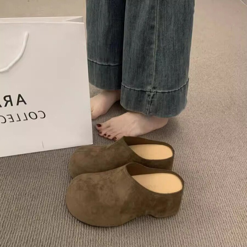 7CM Height-Increasing Thick-Soled Closed-Toe Mules for Petite Women, Slip-On Genuine Leather Chunky Heel Birkenstock-Style Shoes for Outdoor Wear