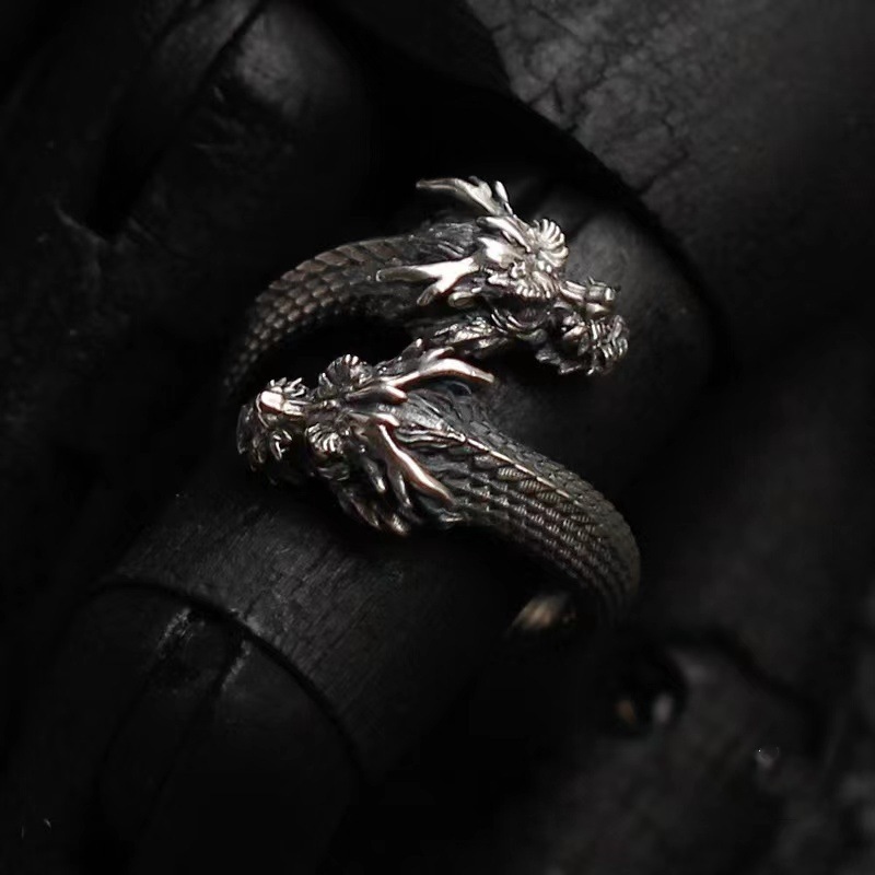 Cross-border hot retro distressed design double dragon ring Thai silver men's national style national tide adjustable