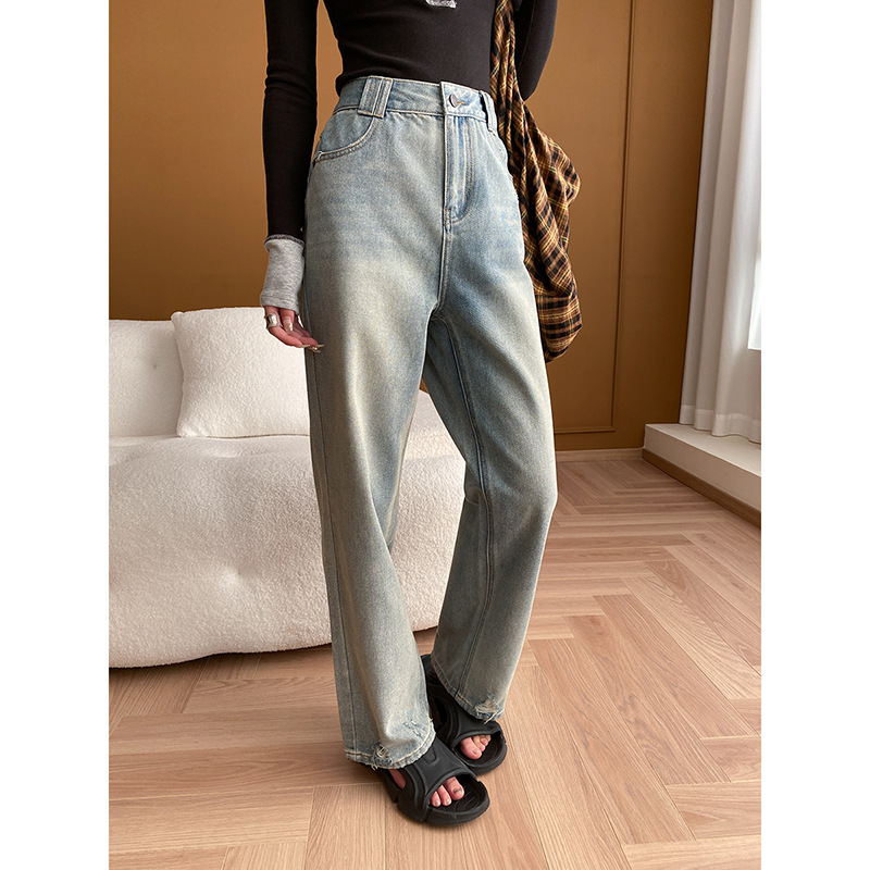 司南 时髦雅痞腔调 美式复古水洗做旧磨破直筒阔腿牛仔裤