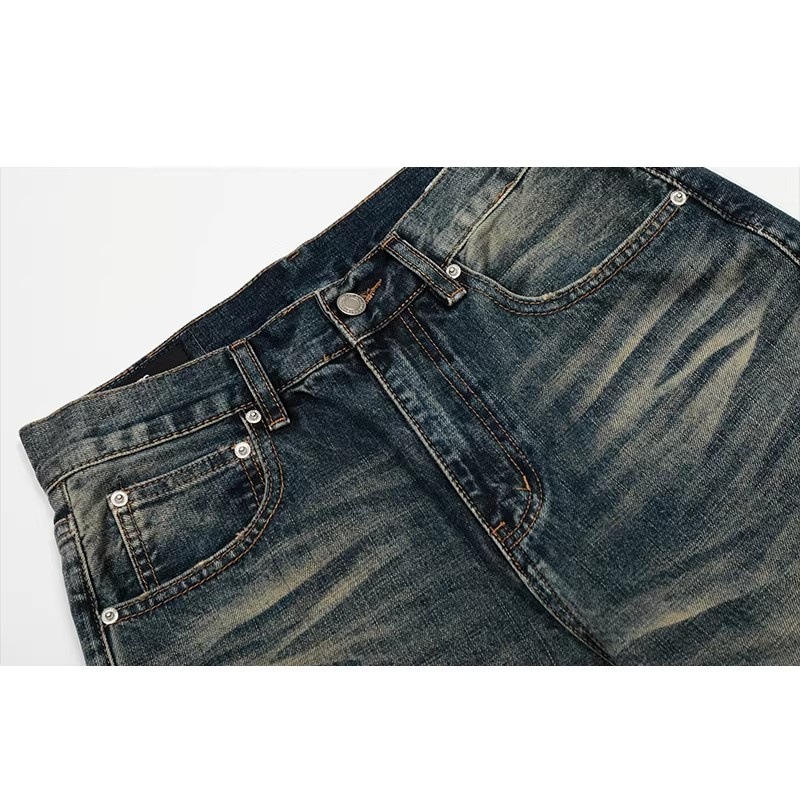 Men's American Retro Distressed Whiskered Jeans Clean Fit Slimming mid Waist Loose Casual Versatile Long Pants Kpop Normcore_mkmklike.com