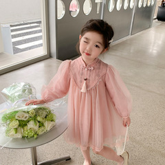 2023 Spring/Autumn Girls' Dress: New Children's Autumn Wear, Chic Chinese-style Mesh Design, Perfect for Little Princesses this Fall