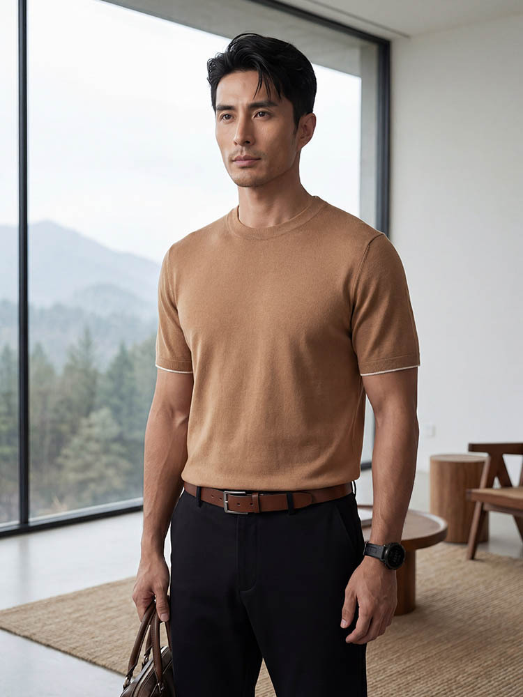 Velvet summer casual knitted thin T-shirt with a round collar