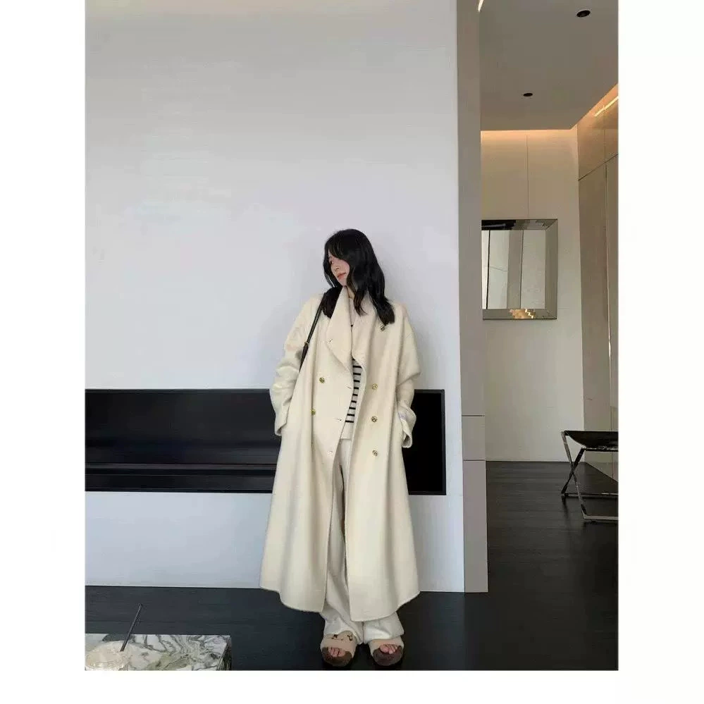 [Корейская актриса] Корейская версия дизайна двубортная длинношерстная ткань двухсторонняя шерстяное пальто