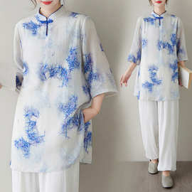 实拍 改良太极服女夏天棉麻薄款短袖苎麻太极拳练功服国风