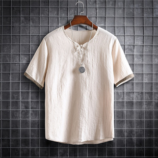 Summer Short-sleeved Loose Cotton and Linen T-shirt Men's Ultra-thin Chinese Style Summer Vintage Buckle Loose Linen Top