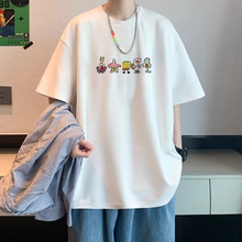 美式高街夏季100%纯棉白灰色短袖t恤新款宽松情侣半袖上衣男代发