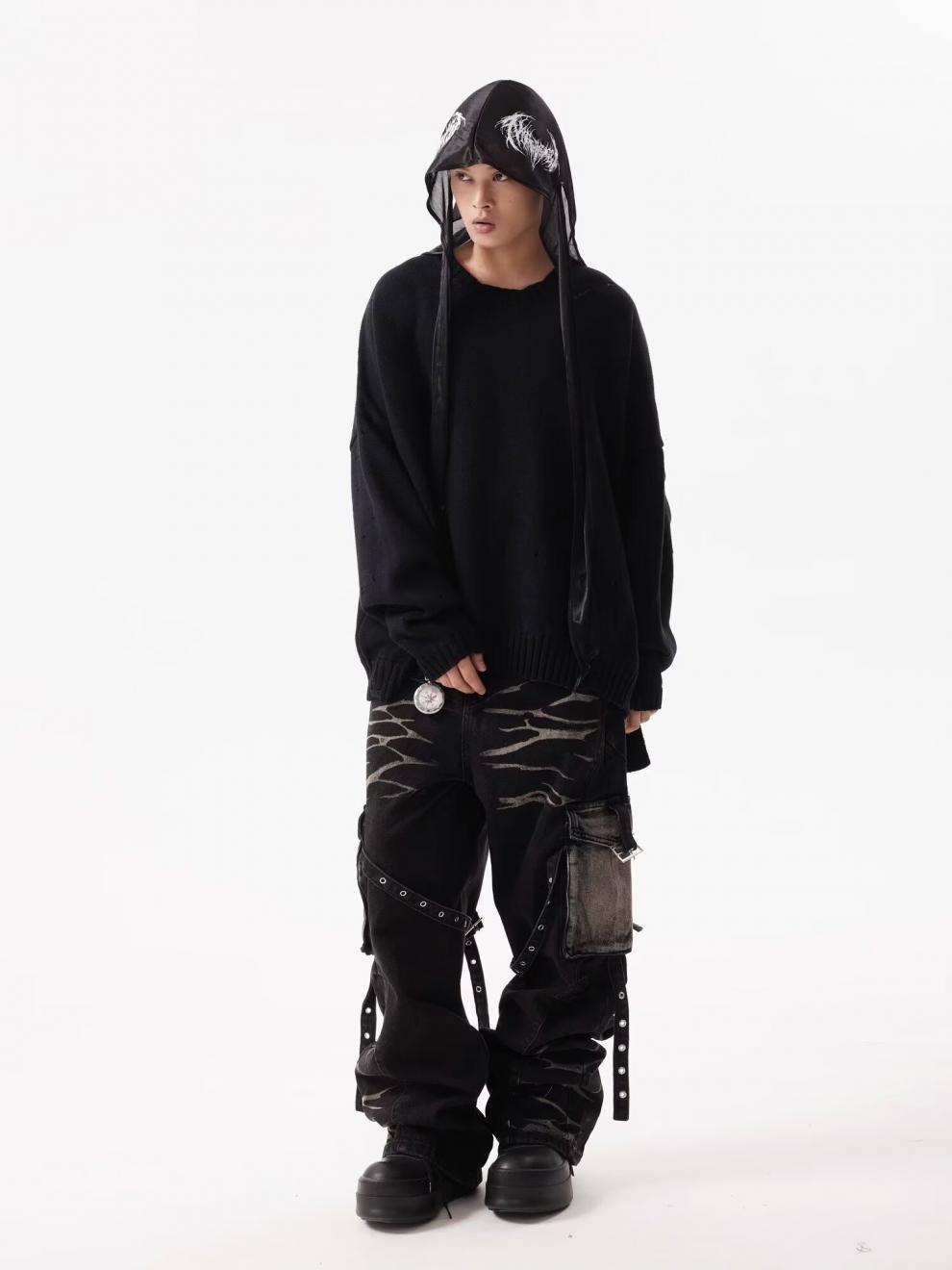 Jean cargo rétro ondulé à poches multiples et lacets pour homme, coupe droite, robuste et ample._voghion.com