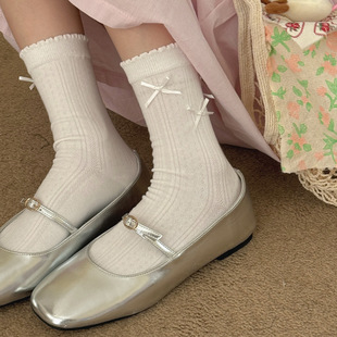 Miu White Lace Mid-Length Socks Women's Summer Thin Lolita Bow Piled Socks with Mary Jane Shoes