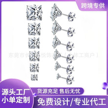 不锈钢方锆平底蝴蝶扣锆石耳钉睡觉免摘养耳洞耳骨钉百搭时尚