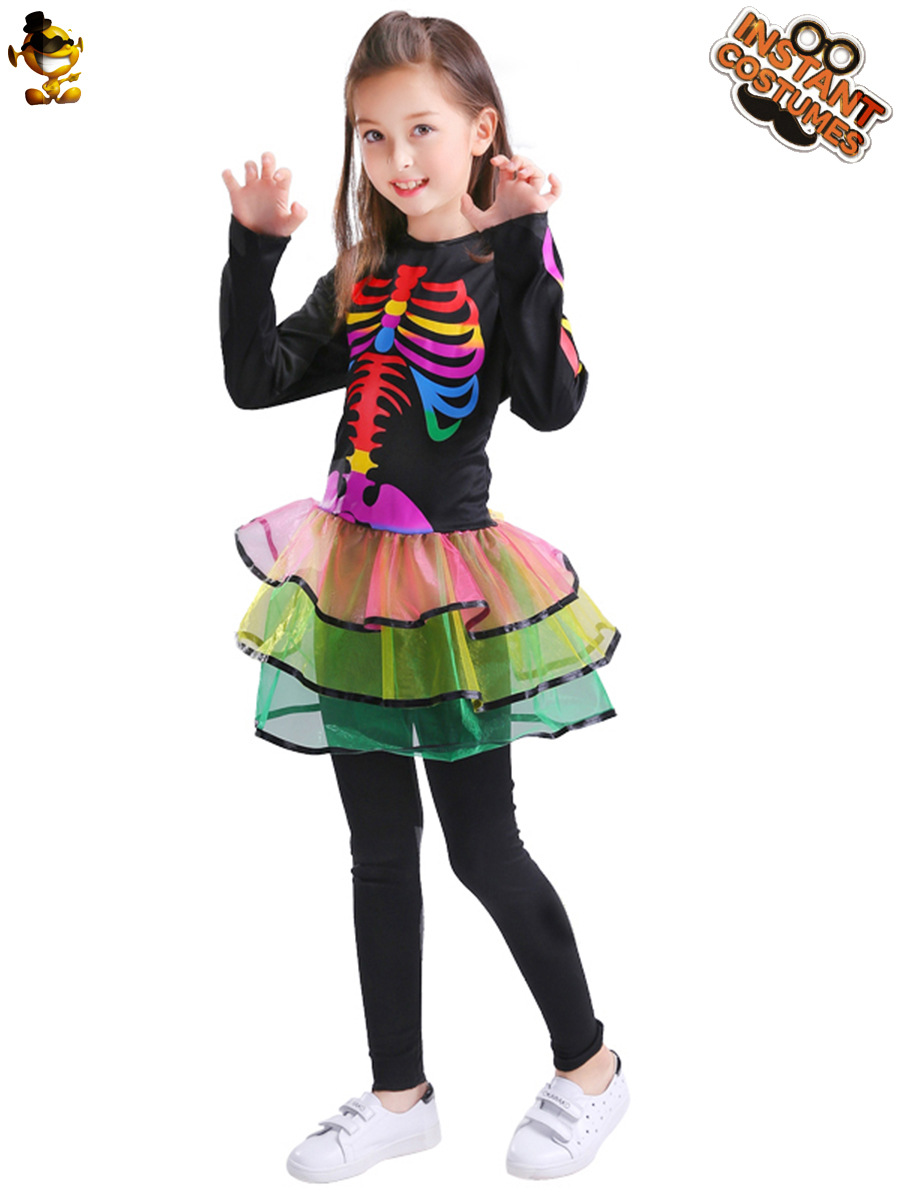 Halloween niños de las mujeres colorido fantasma hueso cráneo vestido etapa rendimiento ropa partido Cosplay ropa