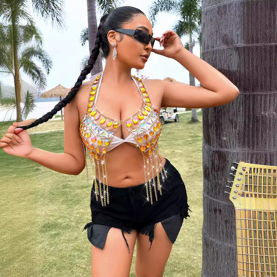 European and American 2024 Amazon Independent Station Music Festival Handmade Gem Tassel Color-matching Sexy Camisole Y1115