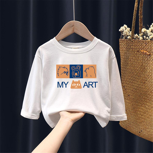 H2168# Children's Long-Sleeve Pure Cotton Base Shirt Spring and Autumn Printed Stylish Casual T-shirt for Boys and Girls Casual Top Trendy