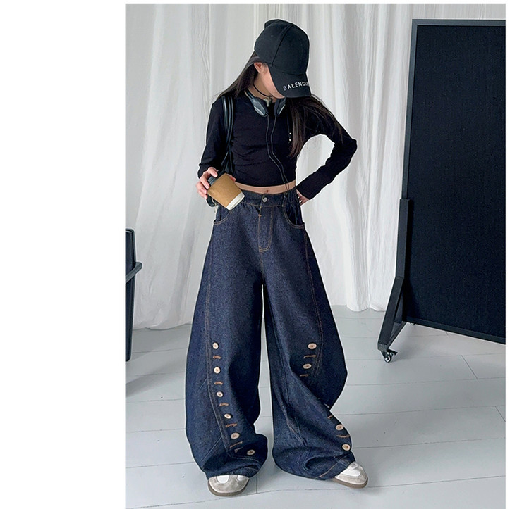 Men's Clothing Buttoned Scimitar Jeans Vintage Button-Fly Curved Hem Jeans For Kids - Soft Denim Stretch Comfort Fit (120-170cm, Unisex)_mkmklike.com