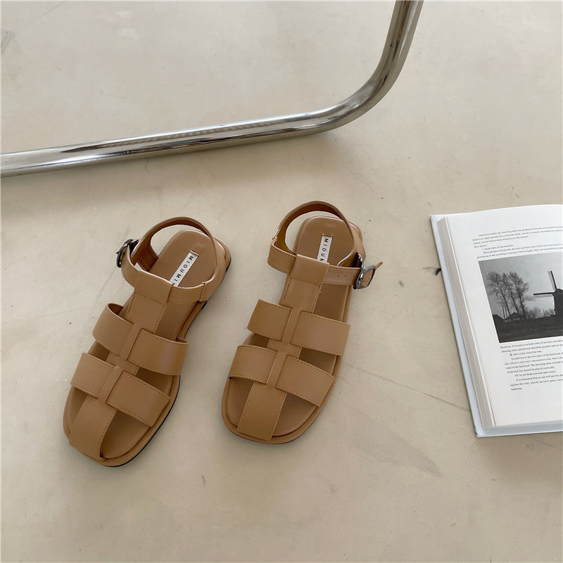 retro hollow buckle flat sandals NSHU58520