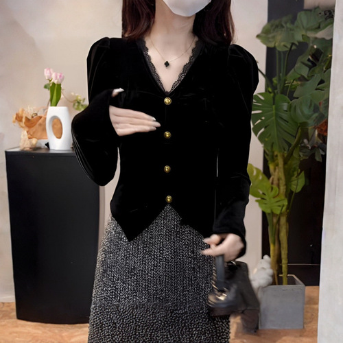 Regular patchwork lantern sleeve hip-hop style lace blouse black niche fashion temperament princess small town small size