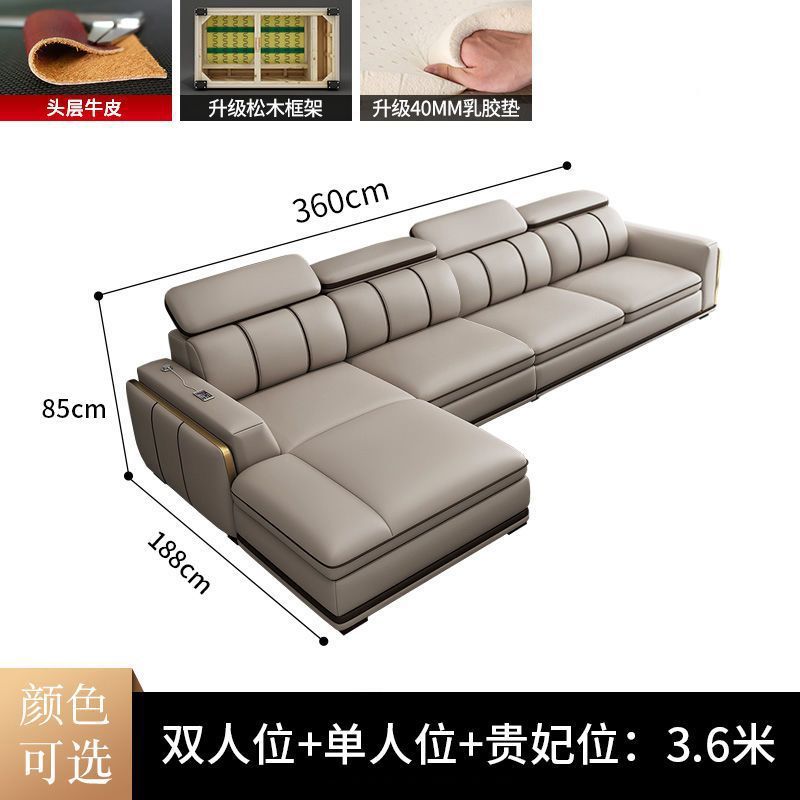 Sofá de cuero de piel de vaca de primera capa de lujo ligero italiano sala de estar apartamento grande y pequeño en línea recta combinación de chaise sofá de cuero para el hogar