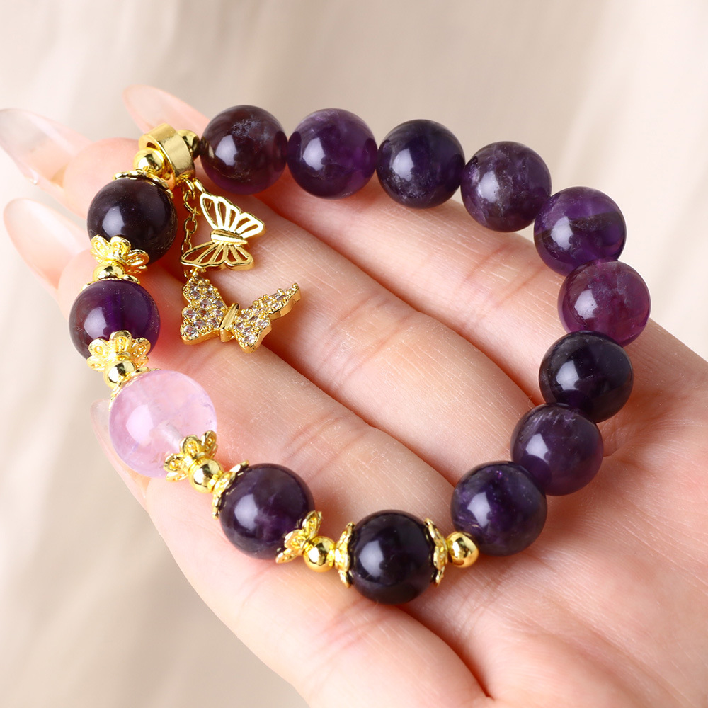 Muñeca de amatista de estilo coreano de sueño 10mm cuentas de un solo anillo diseño de pulsera de moda hermosa mariposa bordilla