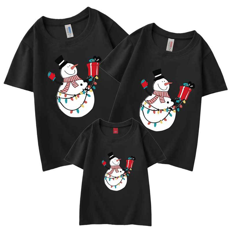 Día de Año Nuevo Navidad Muñeco de nieve autoproducido y vendido algodón refinado ropa para padres e hijos de venta rápida ropa para niños manga corta cuello redondo Camiseta al por mayor familia
