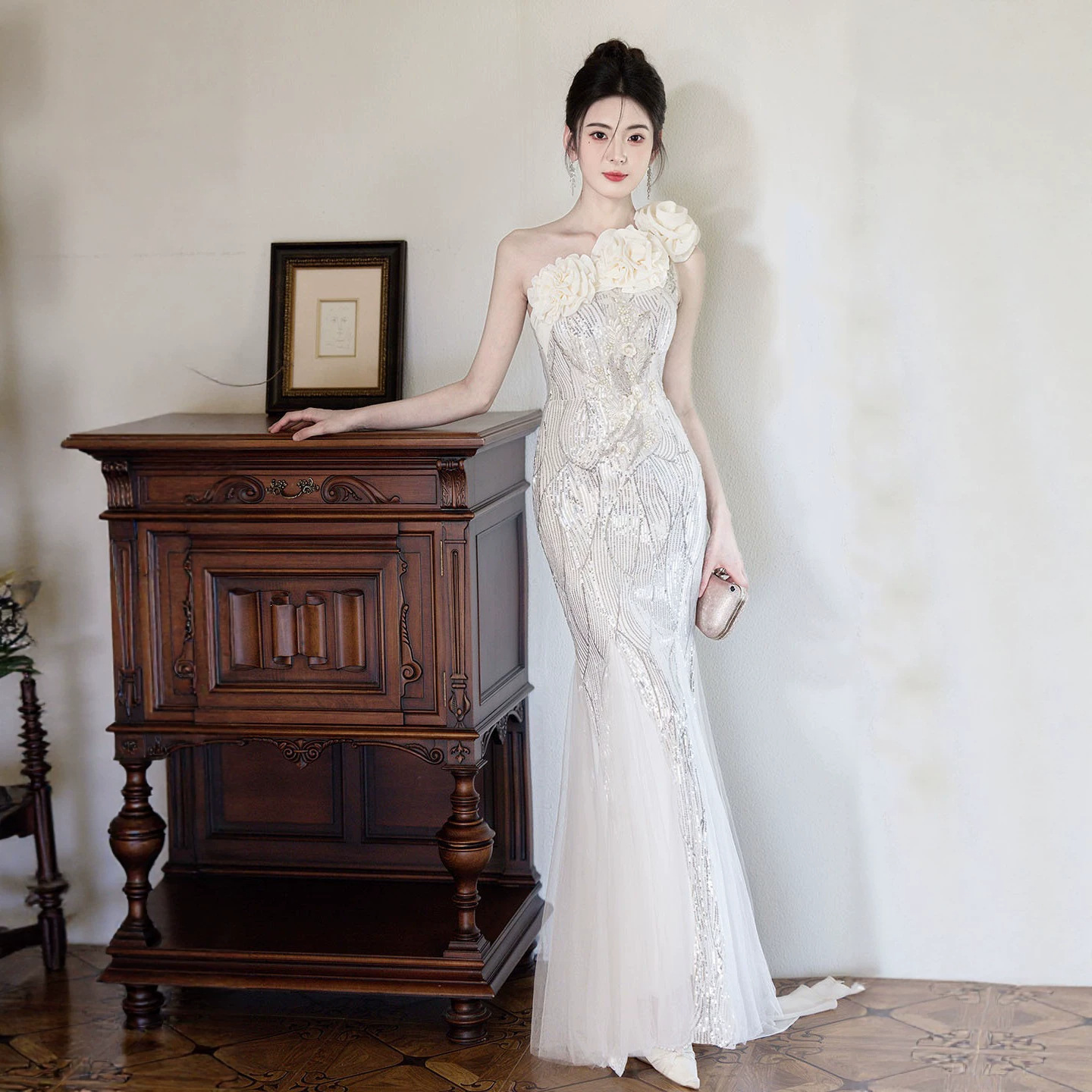 Luxury Mermaid Tail Evening Gown One Shoulder Niche Banquet Host Art Exam Temperament Singer Conductor Runway Show Costume Women's Wedding Party Wear_ecoleips.com