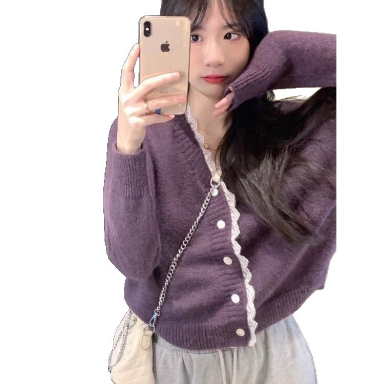 秋季短款毛衣女设计感蕾丝开衫外套宽松慵懒温柔风针织上衣女长袖|undefined