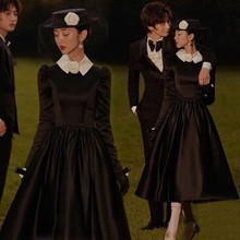 影樓復古風主題服裝文藝赫本風長袖黑色婚紗攝影情侶寫真拍照禮服