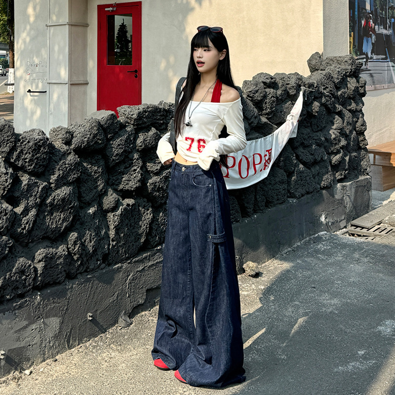 High Waist Design Retro Buckle Loose Lazy Relaxation Trousers Long Wide Leg Denim Trendy Front Line Pants